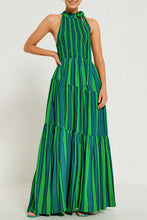 Load image into Gallery viewer, Shirred Bodice Halter Maxi Dress - Green Stripe